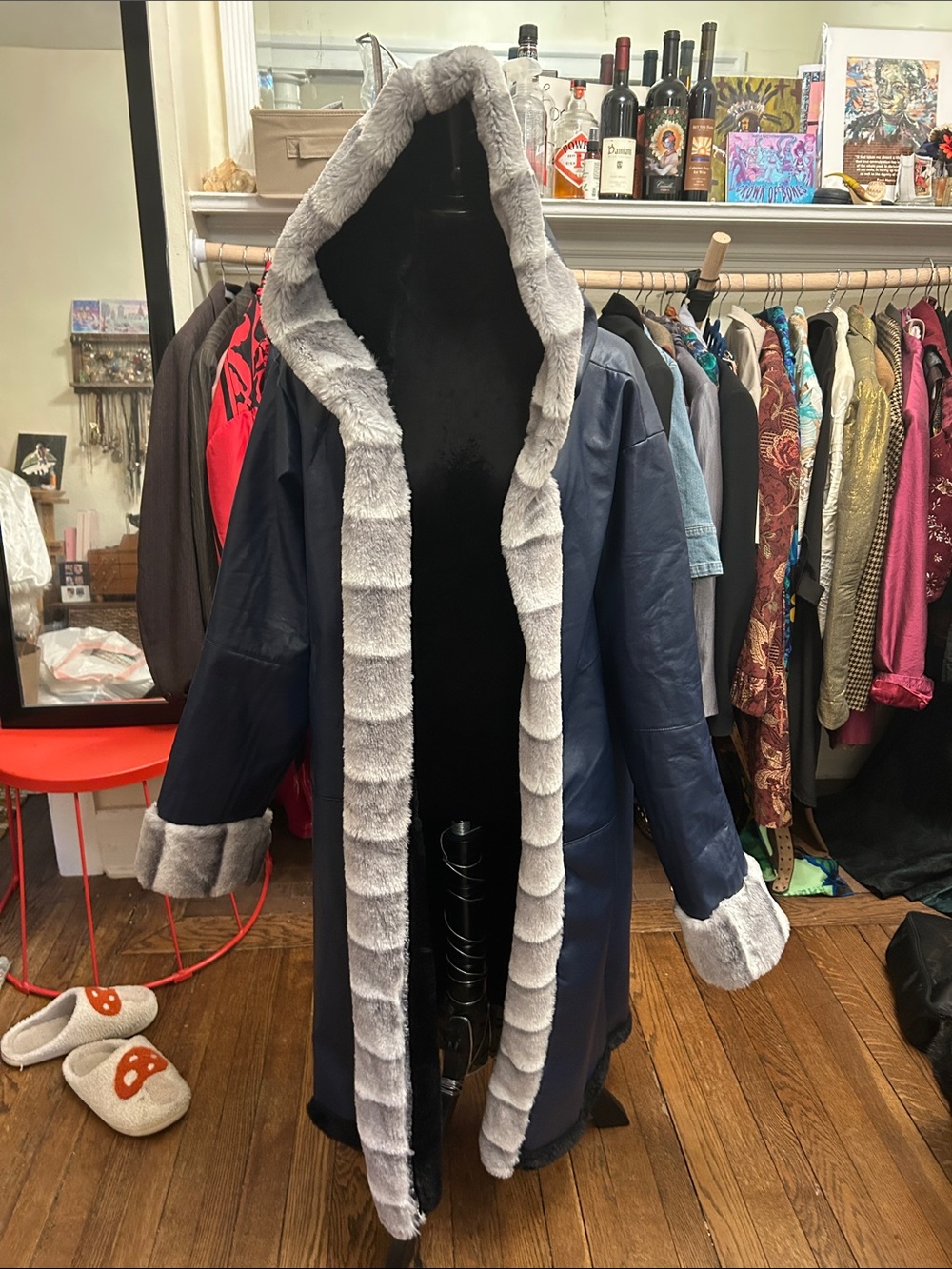 Navy Faux-Fur Trim Hooded Coat